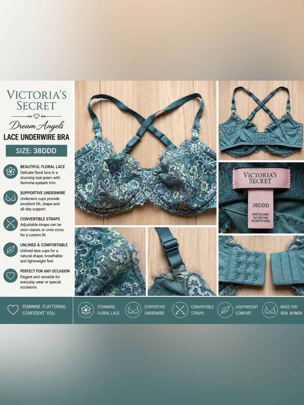 Victoria’s Secret Dream Angels Lace Bra 38DDD Teal Green Floral Lace Underwire